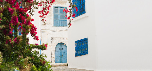 Blue doors, window and white wall of building in Sidi Bou Said. Place for text.