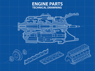 Technical blue background with drawings of details and mechanisms.Engine line drawing background. Vector illustration