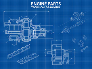Technical blue background with drawings of details and mechanisms.Engine line drawing background. Vector illustration