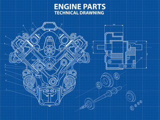 Technical blue background with drawings of details and mechanisms.Engine line drawing background. Vector illustration