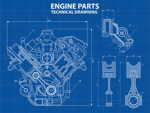 Technical blue background with drawings of details and mechanisms.Engine line drawing background. Vector illustration