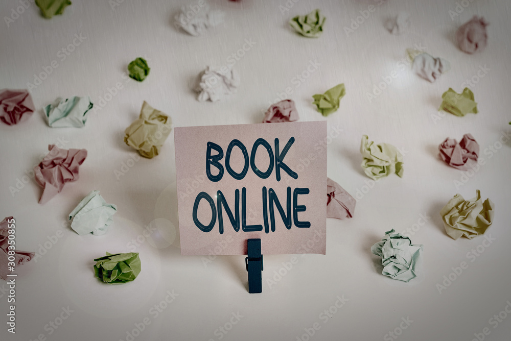 Poster writing note showing book online. business concept for booklike form that is only available to read 