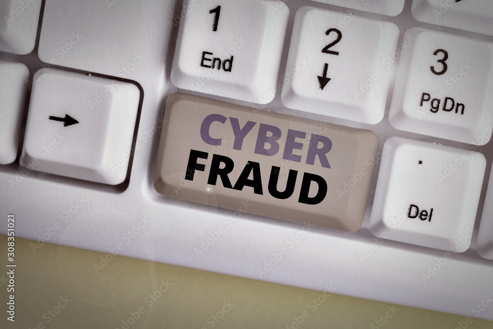 Poster word writing text cyber fraud. business photo showcasing any crime that is committed with the use of