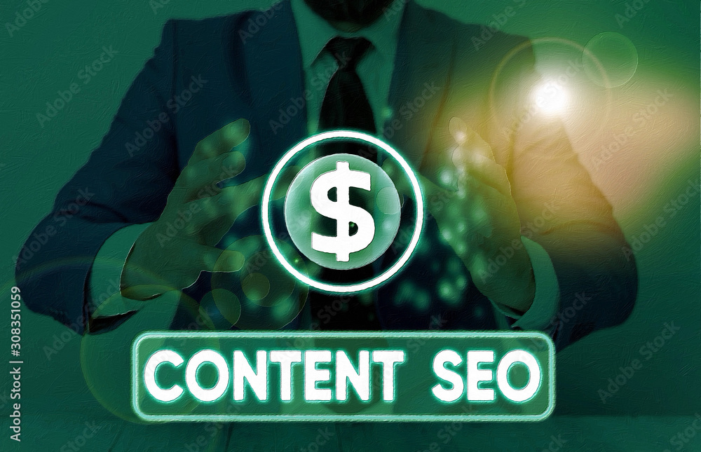 Poster word writing text content seo. business photo showcasing creating webpage content to rank high in th