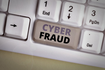 Word writing text Cyber Fraud. Business photo showcasing any crime that is committed with the use of a computer White pc keyboard with empty note paper above white background key copy space