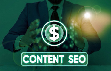 Word writing text Content Seo. Business photo showcasing creating webpage content to rank high in...