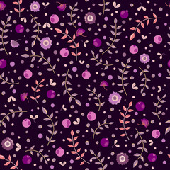 Seamless vector dark purple pattern with leaves, flowers and pomegranates