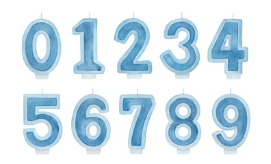 Navy blue Birthday Cake Candle Numbers pack (0, 1, 2, 3, 4, 5, 6, 7, 8, 9). Handdrawn watercolour on white background, cutout clipart elements for design, card, banner, invitation, scrapbook stickers.