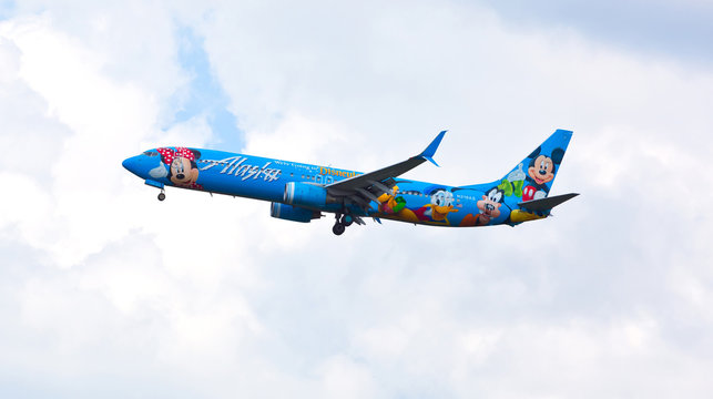 Chicago, USA - July 16, 2018: Alaska Airlines Boeing 737 (Disney Livery) on final approach to O'Hare International Airport.