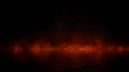 Flame smoke with reflection in water . Mystery coastal fire on the shore . Design element.