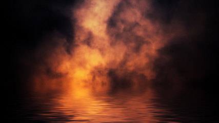 Flame smoke with reflection in water . Mystery coastal fire on the shore .