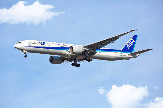 Chicago, USA - May 25, 2018: A All Nippon Airways (ANA) Boeing 777-300 on final approach to O'Hare International Airport.