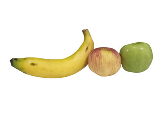 bananas and apples on white background.