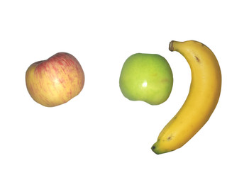 bananas and apples on white background.