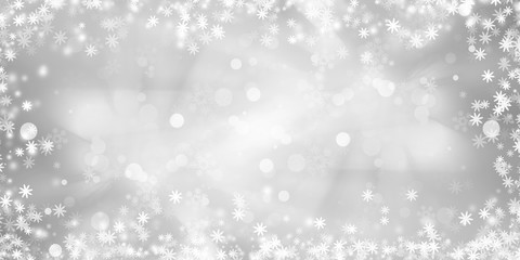 Fototapeta premium white and gray Christmas light with snowflake bokeh background, Winter backdrop wallpaper.