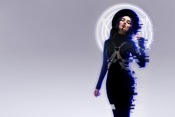 Beautiful girl with neon hologram glitch effect