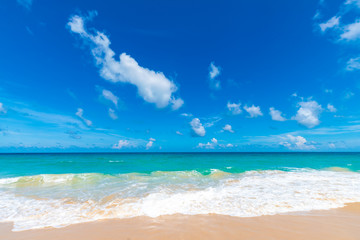 Fototapeta na wymiar Colorful sea beach wave with blue sky fluffy cloud