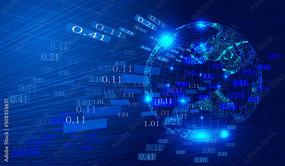 Poster the big data background of network technology constructed by luminous lines, digital and digital ear