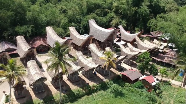 Toraja, Indonesia - 11 November 2019: Aerial over Tongkonan House, traditional house for toraja people Indonesia