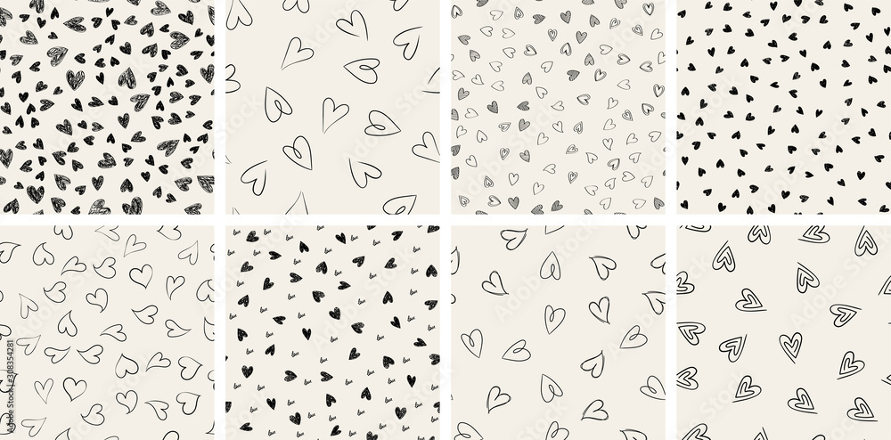Set of trendy hand-drawn doodle seamless pattern with hearts. Collection of valentines day backgrounds