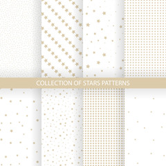 Collection of gold seamless christmas stars patterns. Vector magic texture for your design.