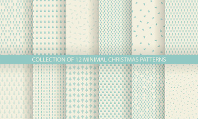 Fototapeta na wymiar Collection of minimal seamless Christmas patterns in retro colors. Christmas and New Year design. Vector illustration with trees, snowflakes and stars