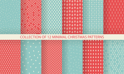 Collection of minimal seamless Christmas patterns in retro colors. Christmas and New Year design. Vector illustration with trees, snowflakes and stars
