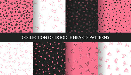 Set of trendy pink hand-drawn doodle seamless pattern with hearts. Collection of valentines day backgrounds