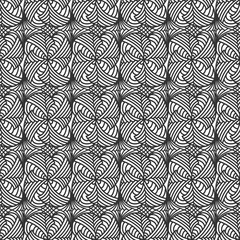 Seamless pattern. Black and white doodling floral background. Decorative geometric flowers. Regular graphic design with thin line. Trendy stylish ornament.