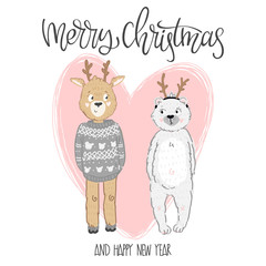 Cute christmas greeting card with reindeer and white polar beer in deer horns. Funny comic background for new year