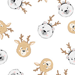 Christmas seamless cute pattern with polar white bear with horns and reindeer. Funny holiday background for kids.