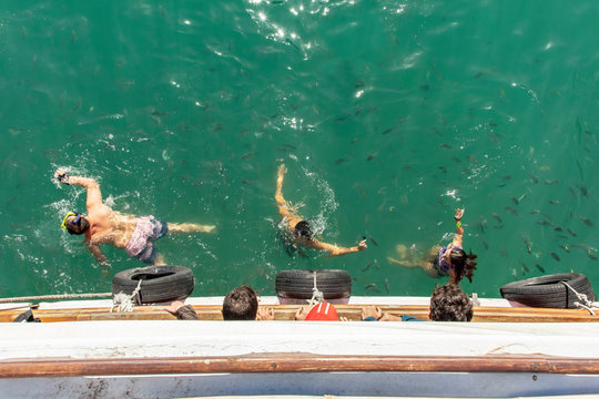 People Swimming With Fish Near Boat In Blue Lagoon  In Ilha Grande, Angra Dos Reis Bay Of The State Rio De Janeiro, Brazil