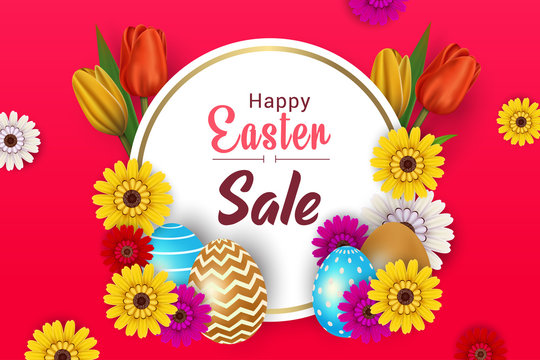 happy easter sale poster on red background vector illustration