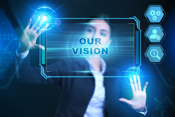 Business, Technology, Internet and network concept. Businessman presses a button Our vision  on the virtual screen tablet future.