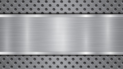 Background in gray colors, consisting of a metallic perforated surface with holes and a polished plate with metal texture, glares and shiny edges