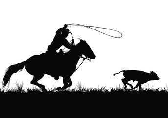 A vector silhouette of a cowboy riding a horse roping a calf.