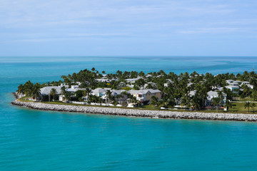 Aerial view of homes on Sunset Key, a 27-acre residential neighborhood and resort island in the city of Key West, Florida. It is located about 500 yards off the coast of Key West. 
