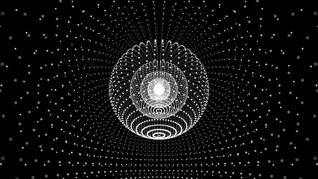 The camera flies around white spheres on a black background. Seamless loop.