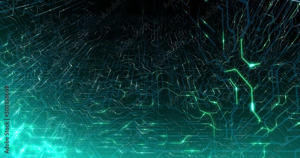 Poster 4k seamless loop of printed circuit board (pcb) in motion. artificial intelligence (ai), data mining