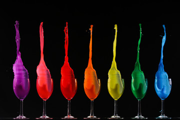 Colorful Wine Glasses Making a Splash on Black Background