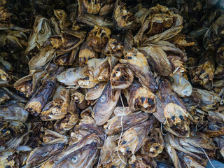 Heads of dried fish are piled