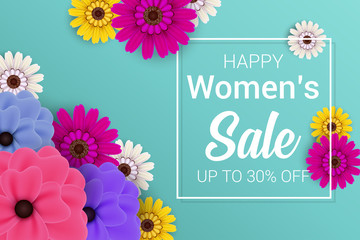 happy women's sale banner on blue background with flower concept vector illustration