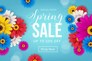 spring sale banner on blue background with pattern flower concept design vector