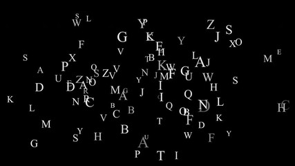 Animated ABC characters flying over background. Royalty high-quality free stock footage of alphabet flying on math, educational black background. White alphabet floating messy in black space 