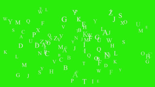 Animated ABC characters flying over green background. Royalty high-quality free stock footage of alphabet flying on math, educational black background. White alphabet floating messy in green space 