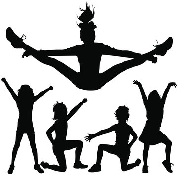 Vector silhouettes of young girls cheerleaders.