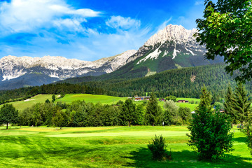 Golf course in Oberndorf near the Wilden Kaiser montains, Austria