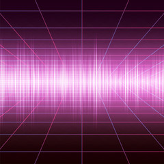 Disco laser pink grid floor, vintage dance background with neon illumination, futuristic style light effect perspective. Party poster with laser equalizer oscillation. Three dimensional retro banner.