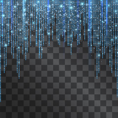 Luxurious neon blue glittering tinsel frame with shining confetti. Glowing lacy decorative garland for sumptuous design, expensive festive concept. Ice cold arch for holidays celebration.