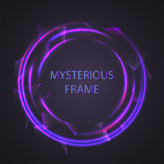 Dim light mysterious neon illumination vector frame isolated on black background. Glass shards with sharp edges, disco nightclub, or horror movie advertising banner. Purple sci fi poster decoration.